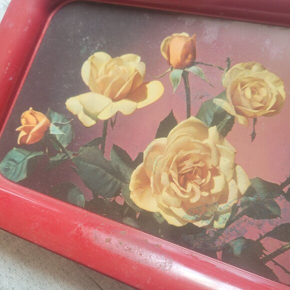 Vintage Red Floral Metal Tray 13.5" X 8.5" Rectangular With Yellow Roses Design - Picture 3 of 6